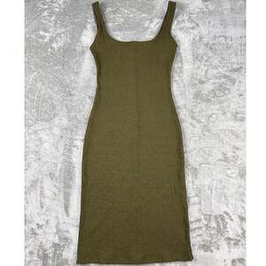 Popular 21 Women Olive Green Ribbed Knit Bodycon Midi Dress Square Neck DX7486 S